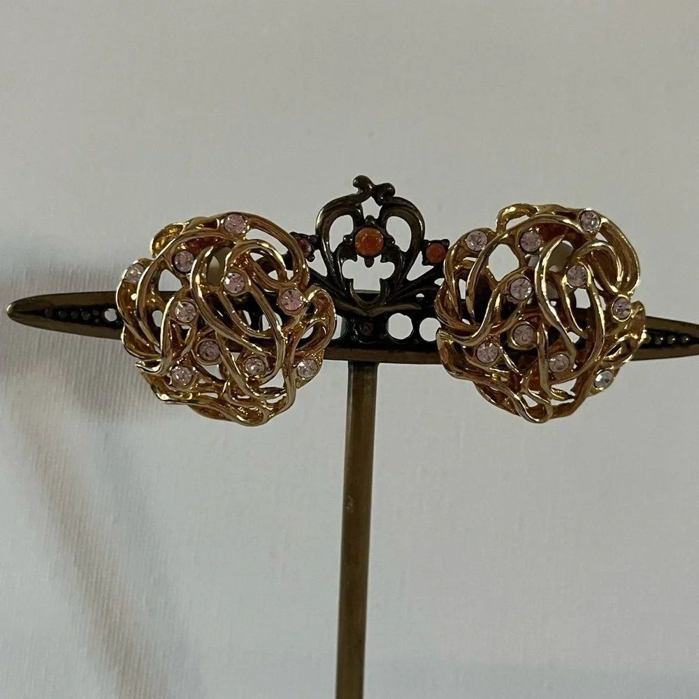 Vintage Gold tone rhinestone round Clip on Earrings …